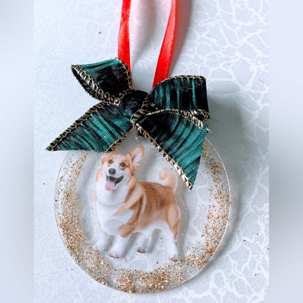 Corgi Dog Ornament with Red Ribbon or car mirror dangle